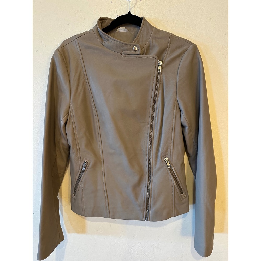 Soia & Kyo Taupe lambskin Leather Moto Jacket Asymmetrical Zip Floral Lining M.
